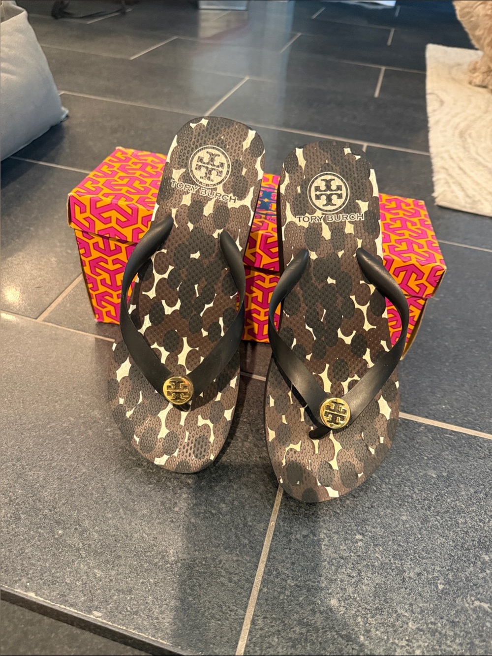 Tory Burch Black and Brown Leopard Print Flip Flop Sandals with Gold Logo